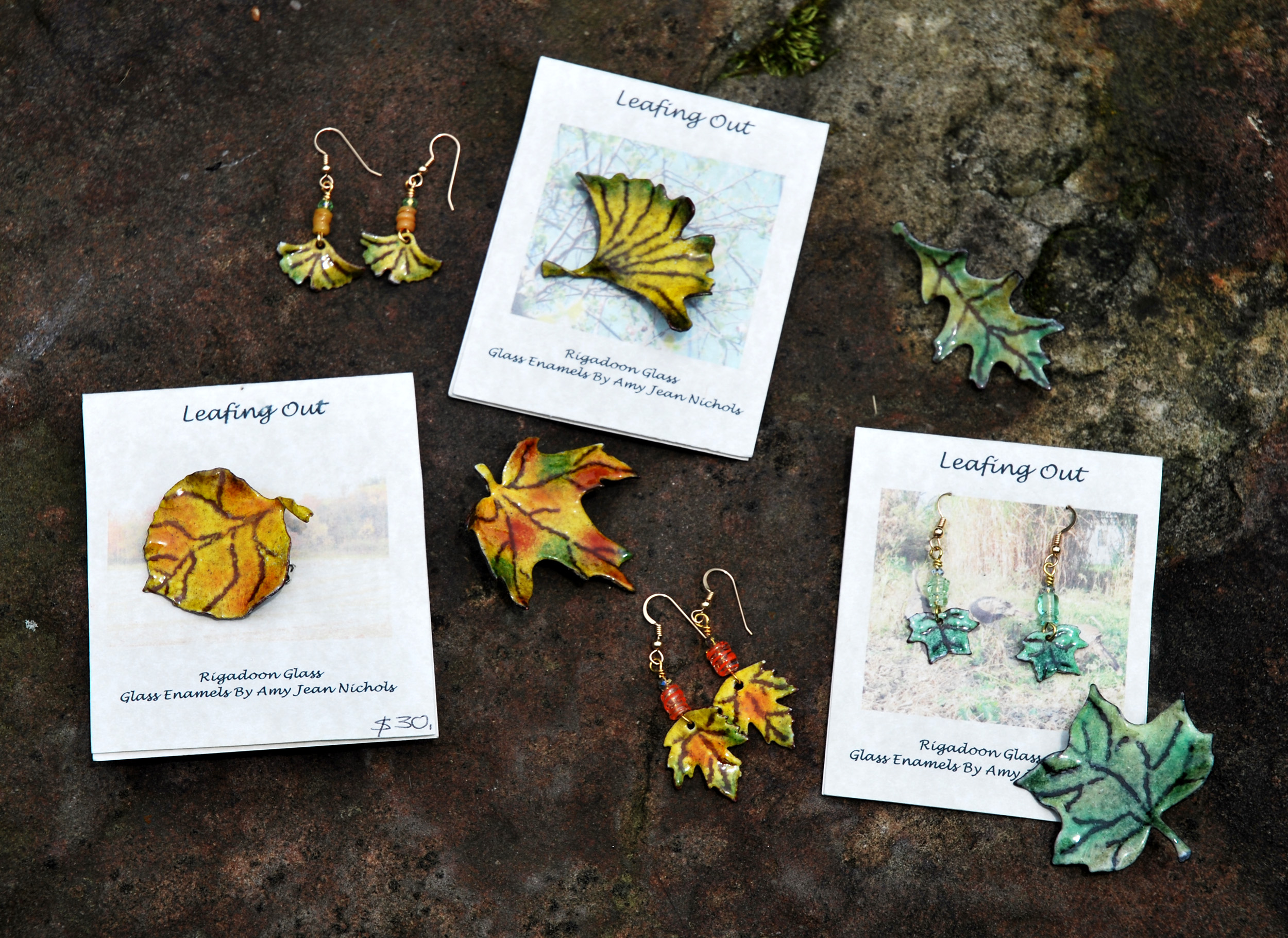Enamel Leaf Sets PinsEarrings Artist Kristin Pierre with her artwork